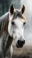 White horse with gray mane stands calmly in misty forest background during early morning light photo