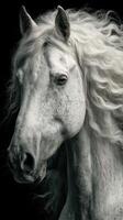 Majestic white horse with flowing mane captured in stunning detail against a dark background photo