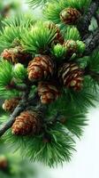 Fresh pine branches adorned with vibrant green needles and brown pine cones captured in natural light during daytime photo