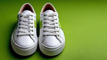Stylish white sneakers with green accents designed for casual wear are displayed on a bright green surface photo