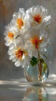 Elegant white and orange flowers arranged beautifully in a glass vase on a soft neutral background photo