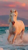 White horse galloping through ocean waves during sunset on a serene beach photo