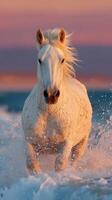 White horse splashes through ocean waves at sunset along sandy beach in tranquil coastal setting photo