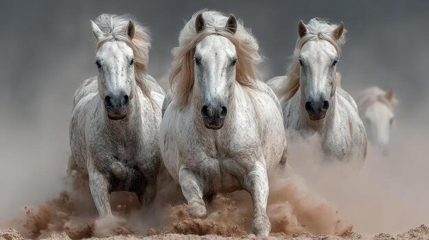 Horses galloping through dust in a dramatic display of speed and power during sunset at an open field photo