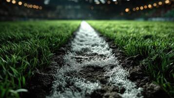 Green grass and white line on a soccer field during a match in an indoor stadium at night photo