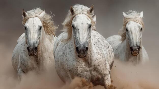 Strong white horses gallop through dust in a dramatic display of speed and power during sunset on an open plain photo