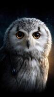 Owl with headphones showcasing unique expression and detail in a dark and mysterious setting photo