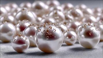 Pearls resting on a textured surface with droplets reflecting light in a close-up view photo