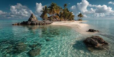 Beautiful tropical island with clear blue waters and lush greenery under a sunny sky during daylight hours photo