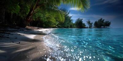 Tranquil night at a tropical beach with palm trees and clear water under the moonlight photo
