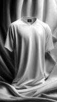 White athletic shirt displayed against a textured gray backdrop showcasing design and fabric details photo