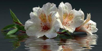 Delicate white flowers with droplets resting on water's surface in a tranquil setting photo