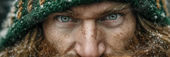 Intense gaze of a rugged man with a beard in a snow-covered landscape at twilight, showcasing vivid blue eyes and warm clothing photo
