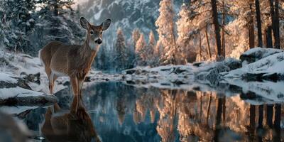 Majestic deer stands at a serene riverbank surrounded by snow-covered trees during winter sunlight photo
