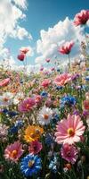 Vibrant wildflower field under a sunny sky with blooming flowers in spring season photo