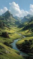 Lush green valley with winding river beneath a bright blue sky and majestic mountains in the background during daytime photo