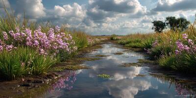 Serene wetland landscape with vibrant flowers and reflective water during a sunny day photo