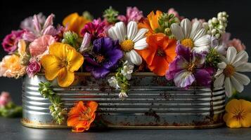 Bright assortment of seasonal flowers arranged in a rustic tin container on a dark surface photo
