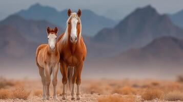 Wild horses standing together on a desert landscape with mountains in the background during golden hour photo