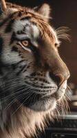Majestic tiger gazing thoughtfully into the distance in a warm, natural light setting photo