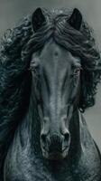 Majestic dark horse with flowing mane in a dramatic close-up, showcasing its beauty and strength photo