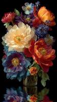 Colorful floral arrangement in a vase reflecting on a dark surface photo
