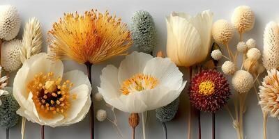 Beautiful arrangement of dried flowers and plants showcasing earthy tones and intricate textures in a minimalist setting photo