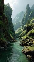 Majestic river flowing through a lush valley surrounded by towering green cliffs in a serene landscape photo