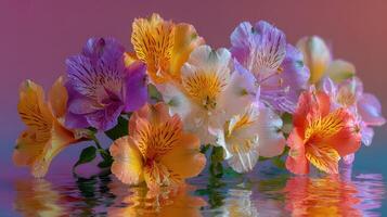 Beautiful bouquet of multicolored flowers reflecting on water surface during a serene evening glow photo