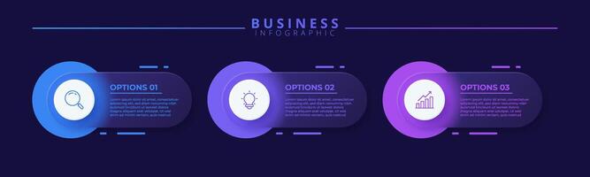 Infographic label design template featuring icons and three distinct steps. Ideal for process charts, presentation slides, workflow schemes, banners, flow diagrams, and data visualizations. vector