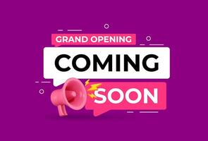 Coming Soon label with 3D megaphone and speech bubble. Promotional banner featuring 3D megaphone icon for upcoming product launch. vector
