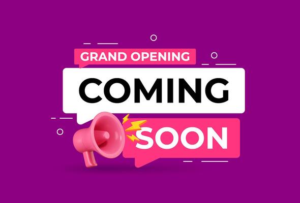Coming Soon label with 3D megaphone and speech bubble. Promotional banner featuring 3D megaphone icon for upcoming product launch.
