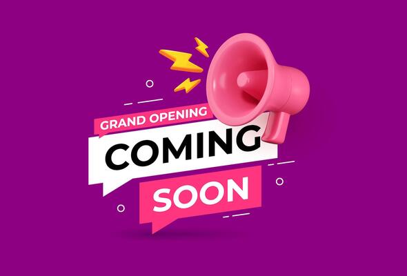 Coming Soon label with 3D megaphone and speech bubble. Promotional banner featuring 3D megaphone icon