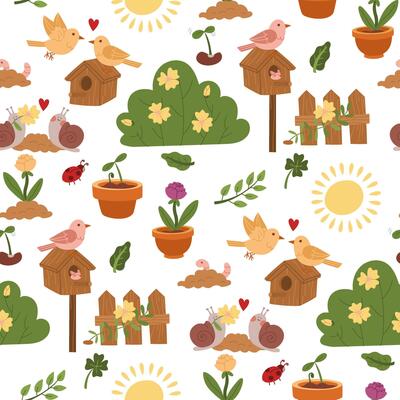 pattern of flat color illustrations of spring blossoming. Spring blooming, dedicated nature, love for animals. Beautiful illustration. It is used in blogs about gardening, environmental projects