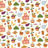 pattern of flat color illustrations on a spring theme. Planting plants dedicated to nature, sustainable growth and development. It is used in gardening blogs, environmental, articles on agriculture vector