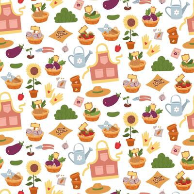 pattern of flat color illustrations on a spring theme. Planting plants dedicated to nature, sustainable growth and development. It is used in gardening blogs, environmental, articles on agriculture