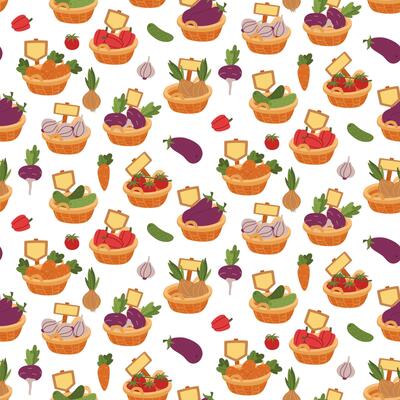 Pattern wicker baskets inside with vegetables, vegetables around. The texture of flat color illustrations. Suitable for packaging, organic food advertising, cooking blogs, farm produce stores