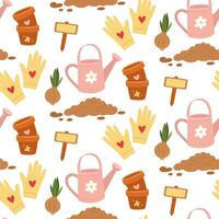 pattern of items for planting plants. Watering can, bulb, pot, gloves, soil, plaque. Flat color illustration in texture. It is suitable for postcards, prints, blog design, and children's books. vector