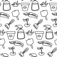 pattern with objects for planting indoor plants. clay pot, spray bottle, rake, an appendage, pruner, board. Planting plants. Monochrome texture. It is suitable for postcards, prints, blogs and books. vector