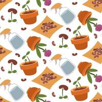 pattern with a landing sequence. Seeds, sprayer, sprout, clay vase, flower. Planting plants. Texture of color illustrations. It is suitable for postcards, prints, blog design, and children's books vector