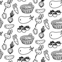 pattern of vegetables, basket with drawings in form of doodles. Monochrome texture. Contoured vegetables are suitable for making recipes, packaging, menus and stickers in a farmer or vegetarian style vector