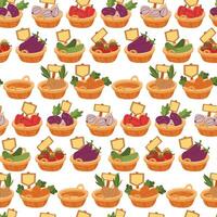 pattern of wicker baskets with various vegetables. The texture of flat color illustrations. Suitable for packaging, organic food advertising, cooking blogs, farm produce stores, and website design. vector