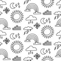 pattern of weather conditions sun, lightning, clouds, rain, rainbow, snowflakes, wind. Monochrome texture in form of doodles. Beautiful seasonal weather. Creates a cozy atmosphere. Suitable vector