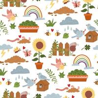pattern of flat color illustrations, spring weather. Spring blooming, devotion to nature, love for animals. Cute illustrations in texture. Seamless with natural motifs, environmental projects vector