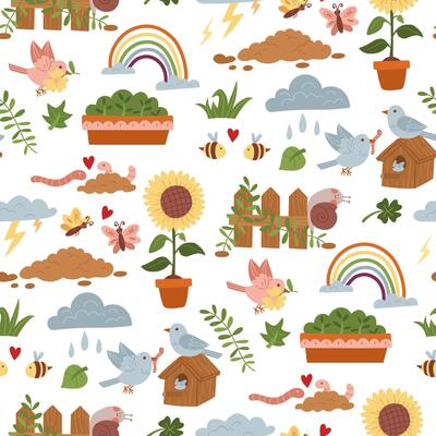 pattern of flat color illustrations, spring weather. Spring blooming, devotion to nature, love for animals. Cute illustrations in texture. Seamless with natural motifs, environmental projects