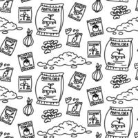 pattern of planting objects with soil, seeds, fertilizers, onions, beans. Monochrome texture in the form of doodles. It is suitable, decoration garden products, flower shops. it is planted in spring vector