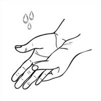 Hands demonstrating washing movements without water or soap monochrome illustration in linear style. For hygiene guides, medical posters, health campaigns, and step by step sanitation guides vector