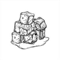 Stacked ice cubes melting into water puddle monochrome illustration. Crystal freezer brick graphic sketch for beverage packaging, bar menus, climate change visual, or refreshing summer design vector