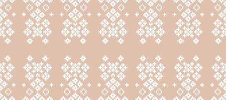 Fabric pattern cross stitch of ethnic pattern brown cream color background pixel art decor. vector