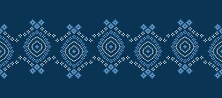 Design of cross stitch with blue color background ethnic fabric pattern. vector